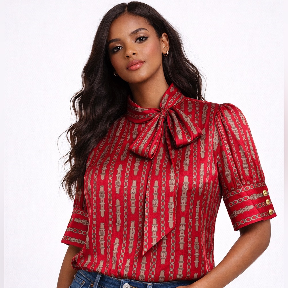 Banana Republic Red Chain Print Tie Neck Blouse Gold Button Cuff